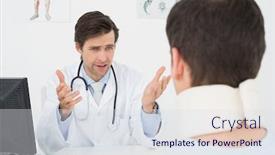  Presentation with medical desk - Slide deck having male doctor in conversation with patient at desk in medical office background and a sky blue colored foreground