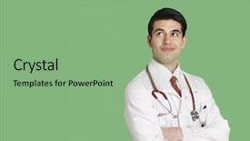  Presentation with lab coat - Presentation theme enhanced with male doctor in lab coat standing with arms crossed looking up over green background background and a seafoam green colored foreground