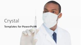  Presentation with injection - Colorful slide set enhanced with male doctor in mask and glove holding an injection against white background backdrop and a white colored foreground