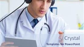  Presentation with listening - Colorful PPT layouts enhanced with male doctor listening to patient during telemedicine session backdrop and a sky blue colored foreground