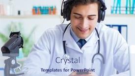  Presentation with listening - Audience pleasing theme consisting of male doctor listening to patient during telemedicine session backdrop and a light blue colored foreground