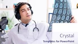  Presentation with listening - Presentation design consisting of male doctor listening to patient during telemedicine session background and a sky blue colored foreground