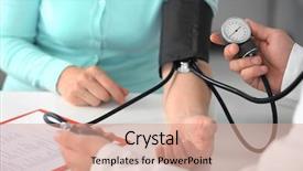  Presentation with blood pressure - Amazing theme having male doctor measuring woman blood backdrop and a coral colored foreground