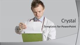  Presentation with medical records - PPT theme consisting of male doctor reading medical records over gray background background and a light gray colored foreground