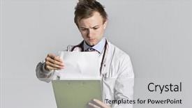  Presentation with medical records - Slide set with male doctor reading medical records over gray background background and a light gray colored foreground