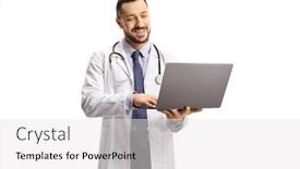  Presentation with laptop - Audience pleasing presentation theme consisting of male-doctor-standing-and-working backdrop and a white colored foreground