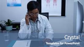  Presentation with digital healthcare - PPT theme with male doctor talking on mobile background and a ocean colored foreground