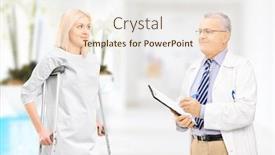  Presentation with female hospital patient - Slide set enhanced with male doctor talking to female patient with crutches in hospital corridor background and a sky blue colored foreground