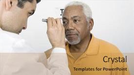  Presentation with eye doctor - Audience pleasing PPT theme consisting of male doctor testing patient's backdrop and a yellow colored foreground