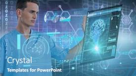  Presentation with data science - Amazing presentation theme having male-doctor-touching-screen backdrop and a teal colored foreground