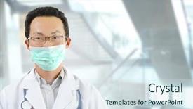  Presentation with asian doctor - Presentation enhanced with male doctor with face mask background and a sky blue colored foreground