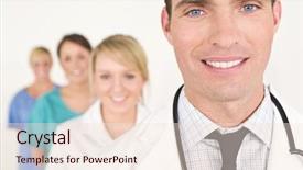  Presentation with agenda for team outing - PPT theme featuring male doctor with his team background and a  colored foreground