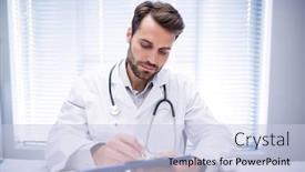  Presentation with healthcare workers - Audience pleasing PPT theme consisting of male doctor writing on clipboard healthcare workers in the coronavirus covid19 pandemic backdrop and a lemonade colored foreground