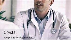  Presentation with doctor patient relations - Audience pleasing PPT layouts consisting of male doctor writing something down backdrop and a light blue colored foreground