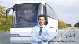  Presentation with bus - Beautiful PPT theme featuring male driver standing in front backdrop and a light blue colored foreground