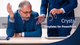  Presentation with investigation - Slide set featuring male-employee-and-cop background and a navy blue colored foreground