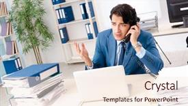  Presentation with employee - PPT theme having male employee with too much background and a  colored foreground