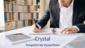  Presentation with business plan - Audience pleasing presentation theme consisting of male employee writing business plan backdrop and a sky blue colored foreground