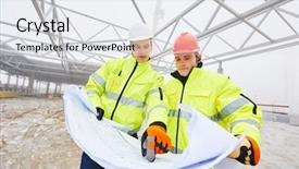  Presentation with foreman - Colorful presentation design enhanced with male engeneers construction foreman managers backdrop and a white colored foreground