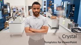  Presentation with mechanical engineering engineer tools - Beautiful presentation design featuring industrial 5s - portrait of male engineer backdrop and a mint green colored foreground