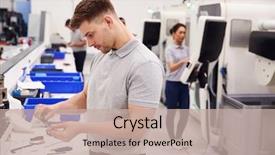  Presentation with components - Presentation design featuring male engineer quality controlling components background and a mint green colored foreground