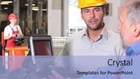  Presentation with forklift - Cool new PPT theme with male engineer talking to forklift backdrop and a light blue colored foreground