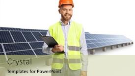  Presentation with photovoltaic - Slide deck with male-engineer-with-a-hardhat background and a mint green colored foreground