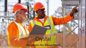  Presentation with electrical transformer - Beautiful PPT theme featuring male engineers working in electrical backdrop and a red colored foreground