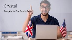  Presentation with language english - Presentation design featuring male-english-language-teacher background and a light gray colored foreground