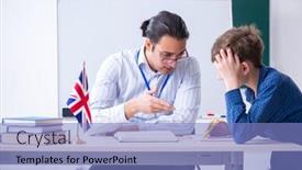  Presentation with english teacher - Slide set consisting of male english teacher and boy in the classroom background and a light blue colored foreground