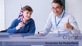  Presentation with english teacher - Amazing presentation design having male english teacher and boy backdrop and a teal colored foreground