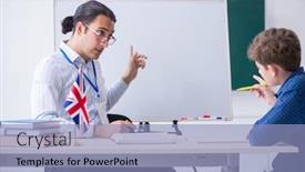  Presentation with english teacher - Presentation design with male-english-teacher-and-boy background and a light blue colored foreground