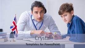  Presentation with english teacher - PPT layouts enhanced with male-english-teacher-and-boy background and a light blue colored foreground