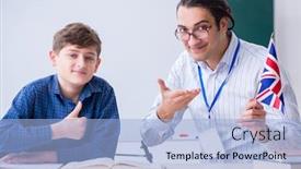  Presentation with english teacher - Amazing PPT layouts having male-english-teacher-and-boy backdrop and a light blue colored foreground