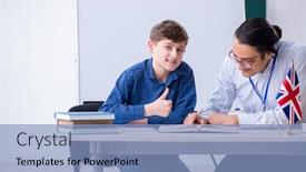  Presentation with english teacher - Amazing PPT theme having male-english-teacher-and-boy backdrop and a light blue colored foreground