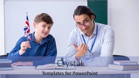  Presentation with english teacher - Slides having male-english-teacher-and-boy background and a teal colored foreground