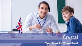  Presentation with english teacher - Audience pleasing theme consisting of male-english-teacher-and-boy backdrop and a ocean colored foreground