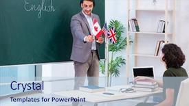  Presentation with english teacher - Audience pleasing PPT theme consisting of male english teacher and student backdrop and a lemonade colored foreground