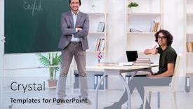  Presentation with english teacher - Slide deck having male english teacher and student background and a light blue colored foreground