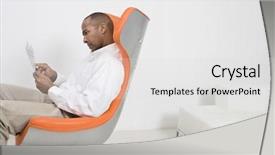 Presentation with executive - Audience pleasing slides consisting of male executive on modern chair reading document backdrop and a light gray colored foreground