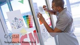  Presentation with sticky notes - Slide set with male executive writing on sticky notes in office background and a light blue colored foreground