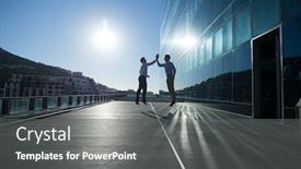  Presentation with walking together - PPT theme enhanced with male-executives-giving-high-five background and a gray colored foreground