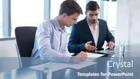  Presentation with discussion - Cool new presentation theme with male-executives-having-discussion-over backdrop and a teal colored foreground