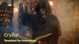  Presentation with of a black hole - Beautiful PPT layouts featuring male-exorcist-in-black-hood backdrop and a wine colored foreground