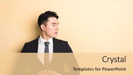  Presentation with asian - Slides having male face - young asian business man closeup background and a  colored foreground