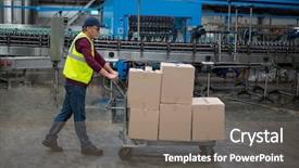  Presentation with factory - Theme having male factory worker pulling trolley background and a gray colored foreground
