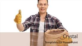  Presentation with sack of coffee beans - PPT theme with male farmer holding a burlap background and a coral colored foreground
