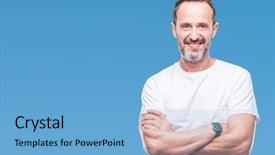  Presentation with camera - Slide set featuring male fashion - middle age hoary senior man background and a light blue colored foreground