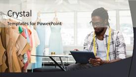  Presentation with using digital tablet - Colorful presentation theme enhanced with male fashion designer using digital backdrop and a sky blue colored foreground