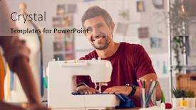  Presentation with sewing machine - Presentation theme consisting of male-fashion-designer-working background and a coral colored foreground